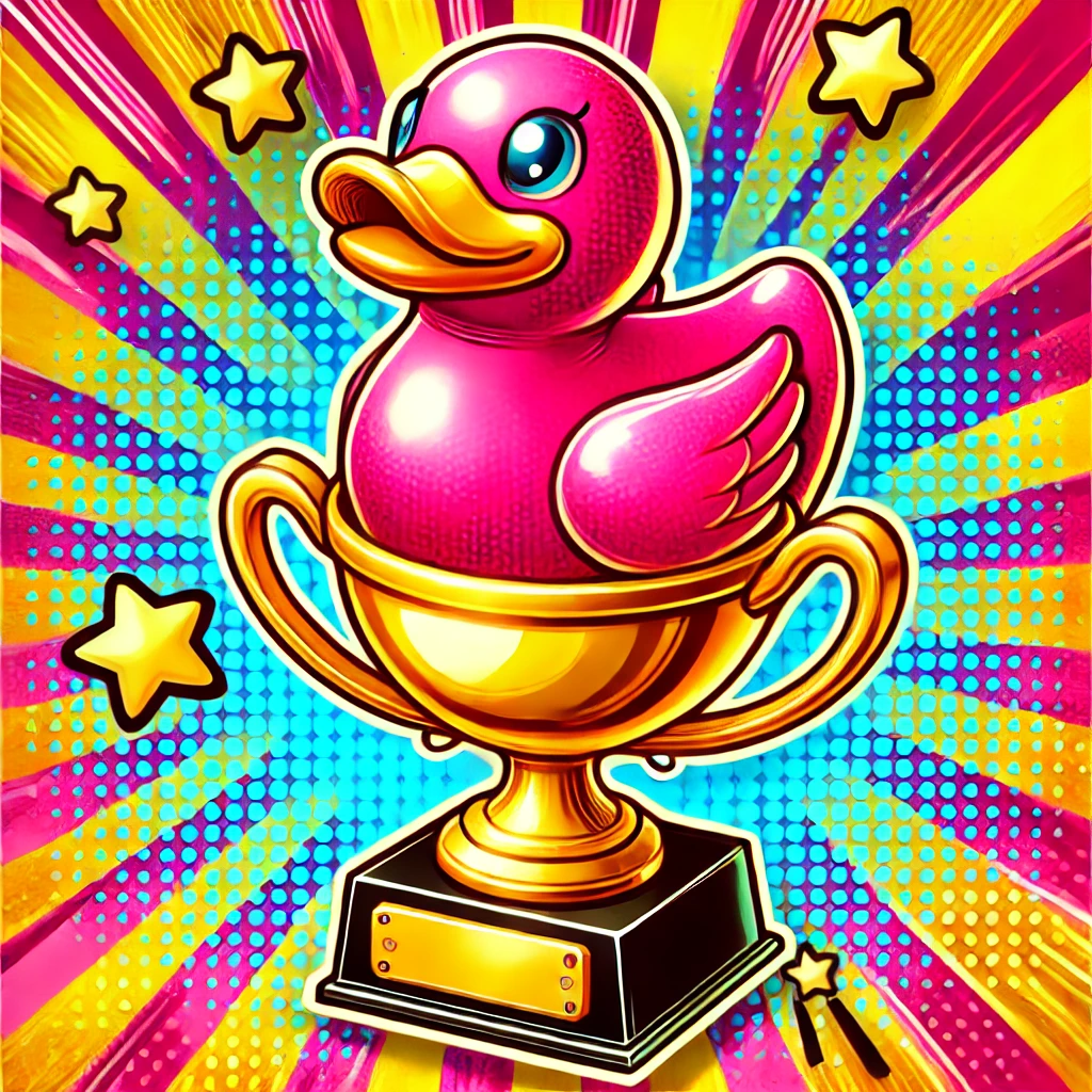 AI generated: A vibrant, playful comic-style image of a pink Rubber Ducky trophy. The trophy should have a large, shiny, pink rubber duck at the top.